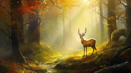 A painting of a deer in a forest with sunlight streaming through the trees.