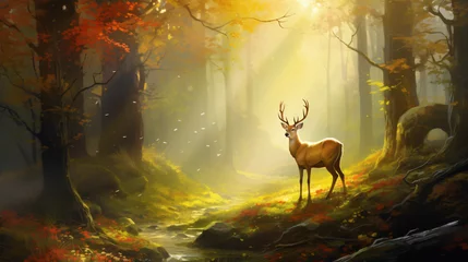 Fototapeten A painting of a deer in a forest with sunlight streaming through the trees. © Natia