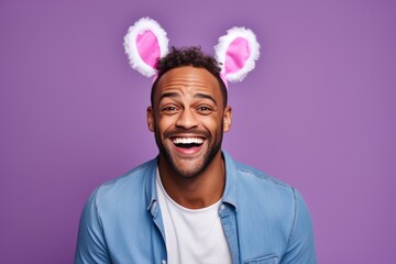 
Photography a person of mixed race, aged 30, with bunny ears and a bright smile, set against a...