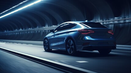 A luxury sports electric car drives through a lighted tunnel