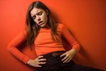 Photography a portrait of a girl with her hand on her belly, wincing in pain, against a solid coral background, portraying the discomfort of her stomachache - obrazy, fototapety, plakaty