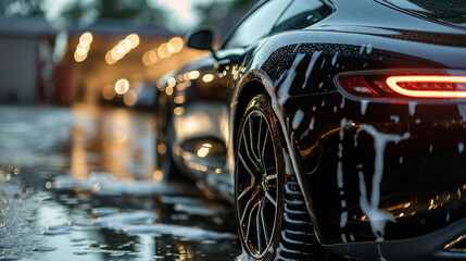 Close Up of Black Sports Car in Rain
