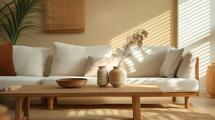 Fototapeta na wymiar Minimal Living Room With White Couch and Wooden Coffee Table