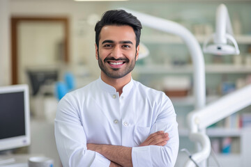 Handsome Indian male dentist smiling, standing with folded hands inside blurry modern clinic. Dental care concept