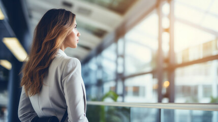 Business woman smiling at office abstract backgound. Generative ai.