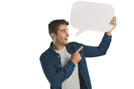 Mockup, happy man and hand pointing to speech bubble for news, info or faq on isolated, transparent or png background. Social media, poster and male person show voice, communication or space offer