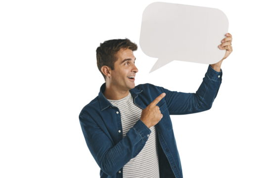 Mockup, happy man and hand pointing to speech bubble for news, info or faq on isolated, transparent or png background. Social media, poster and male person show voice, communication or space offer
