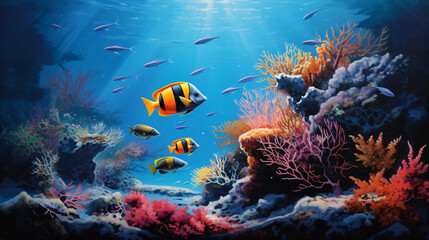 A painting of a group of fish swimming in the ocean.