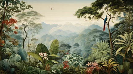 Zelfklevend Fotobehang A painting of a jungle scene with lots of plants. © Natia