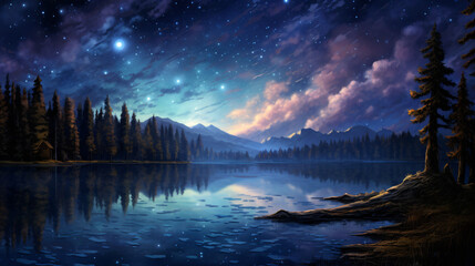 A painting of a night sky with stars and a lake.