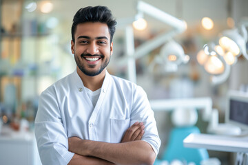 Handsome Indian male dentist smiling, standing with folded hands inside blurry modern clinic. Dental care concept - obrazy, fototapety, plakaty