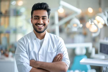 Fotobehang Handsome Indian male dentist smiling, standing with folded hands inside blurry modern clinic. Dental care concept © boxstock production