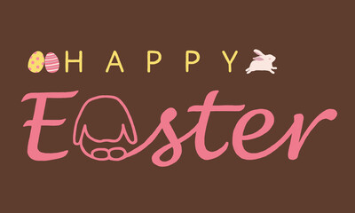 Happy Easter greeting card in handwriting with rabbit shape and Easter eggs on brown background. line art cute