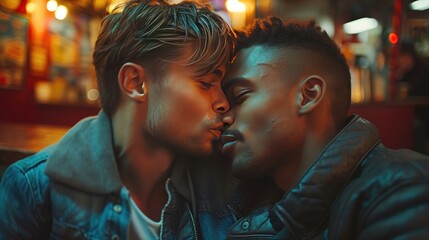 Obraz premium lgbt couple of men different nationalities hugging and kissing. Same-sex love