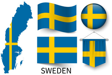 The various patterns of the Sweden national flags and the map of Sweden's borders