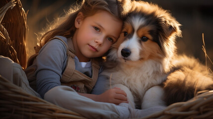 Friendship between sweet puppy ​​and child - portrait of cute and child with deep love  | Generative AI