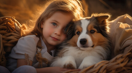 Friendship between sweet puppy ​​and child - portrait of cute and child with deep love  | Generative AI