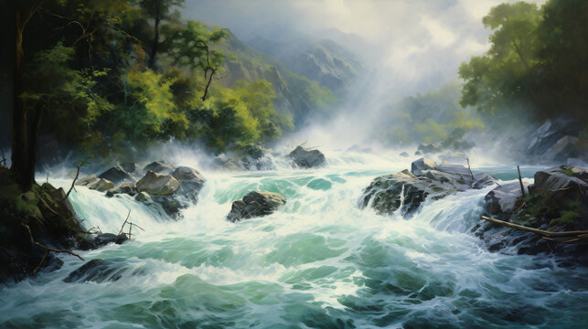 A painting of a river with a bunch of water rushing.