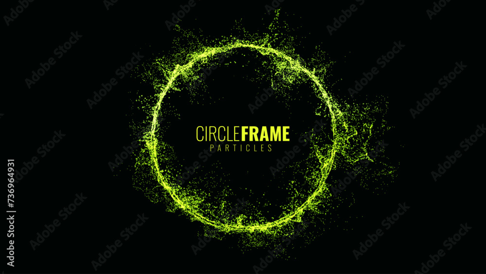 Fototapete Particles Circle Frame. Particles Shockwave Effect on Dark Background. Digital Explosion. Radial Sound Circle Wave Music Visualization. Colorful Equalizer Background. Vector Illustration.