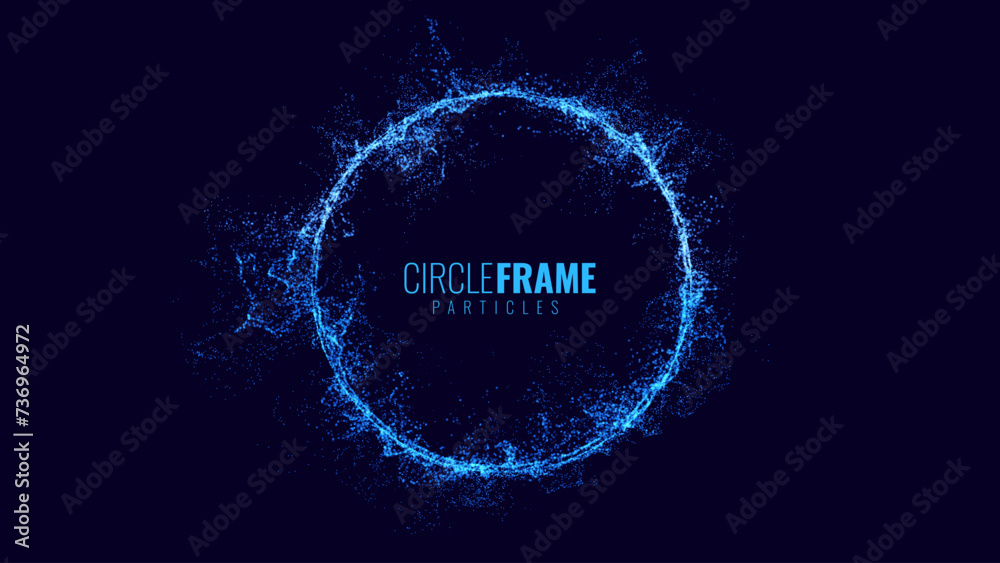 Poster Blue Particles Circle Frame. Particles Shockwave Effect on Dark Background. Digital Explosion. Radial Sound Circle Wave Music Visualization. Colorful Equalizer Background. Vector Illustration.