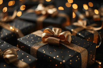 Group of Black Presents With Gold Bows