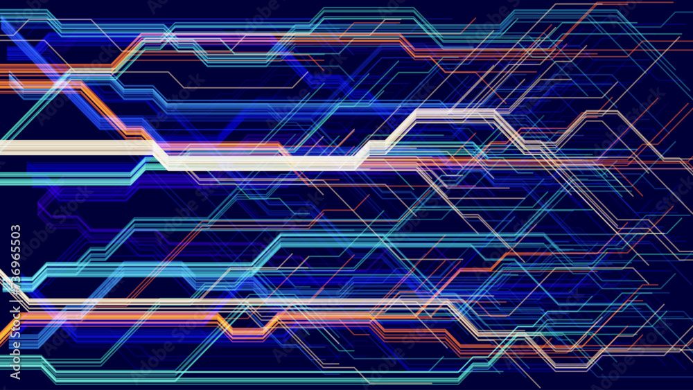 Poster Hi-Tech Digital Circuit Board Lines Background. Electrical Lines Connections Blue Background. Futuristic Technology Design Element Concept. Vector Illustration.