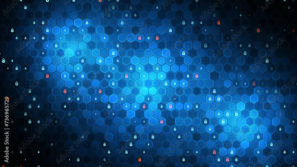 Aufkleber Hexagon Grid Network with Protected Nodes. Cyber Security Technology Background. Protect Business from Hackers Concept. Cloud Network Protection Backdrop. Vector Illustration.