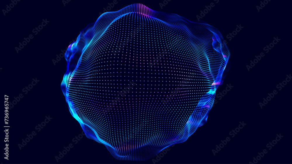 Poster Abstract Colorful Particles Sphere. Vivid Blue Dots Background. Futuristic Style HUD Element. Technology Background for Business Presentations. Corrupted Point Sphere Array. Vector Illustration.