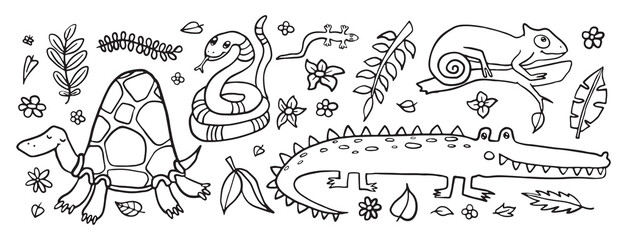 A playful black and white line art illustration featuring a turtle, snake, gecko, snail, and crocodile amidst jungle flora.