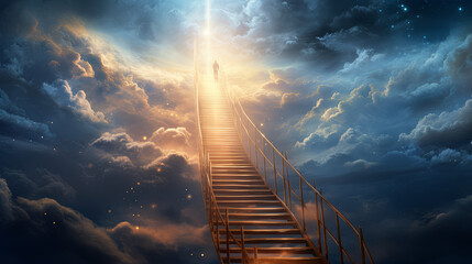 The road to heaven. A ladder that leads to heavenly light. Man steps into heaven - obrazy, fototapety, plakaty