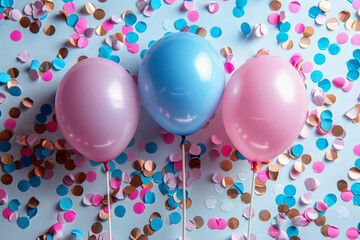 Pastel Party Perfection: Balloons and Confetti on Blue Background