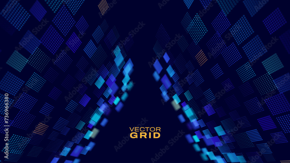 Aufkleber Triangle Frame Border Blue Lights DJ Party Flyer Background. Triangle Tunnel Big Data Backdrop. Abstract Blue Digital Background. Computer Triangular Tunnel Technology Vector Illustration.