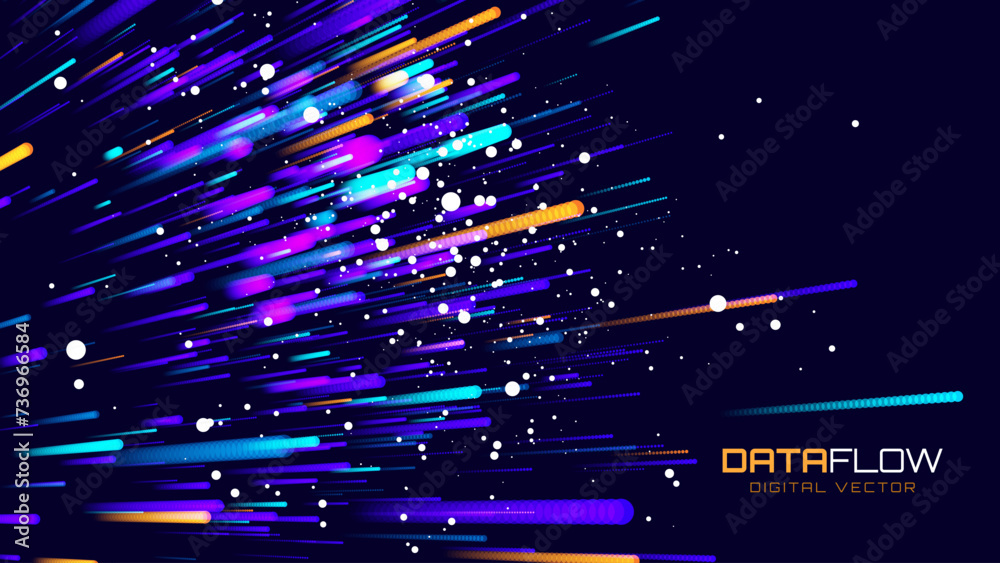 Poster Digital Data Flow Vector Background. Big Data Technology Lines. 5G Wireless Data Transmission. High Speed of Light Trails. Information Flow in Virtual Reality Cyberspace. Vector Illustration.