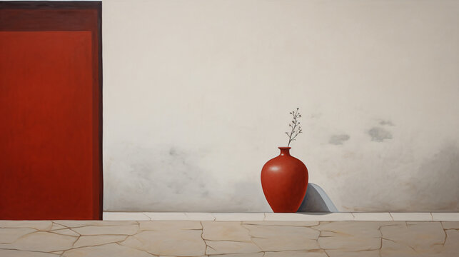 A painting of a wall with a red and white vase.