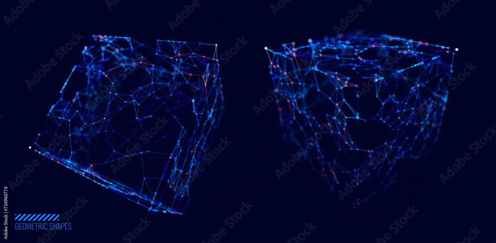 Aufkleber 3D Cube Objects with Dots and Lines. Molecular Grid. Technology Style Baner Design. Vector Illustration. Futuristic Connection Structure for Technology or Science Concept.