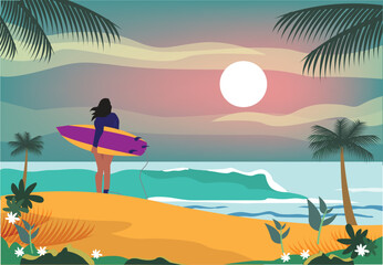 Obraz na płótnie Canvas A dreamy surfing location with a lady surfer standing drawing concept. Editable Clip Art.