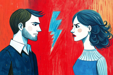 A woman and a man argue, feud and conflict. The conflict between people and the genders. illustration, poster, article.