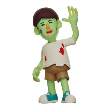 3D illustration. 3D Zombie Cartoon Character Waving Hand. wearing tattered clothes. with a cute smile. 3D Cartoon Character