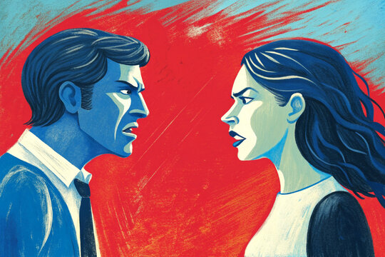 A woman and a man argue, feud and conflict. The conflict between people and the genders. illustration, poster, article.