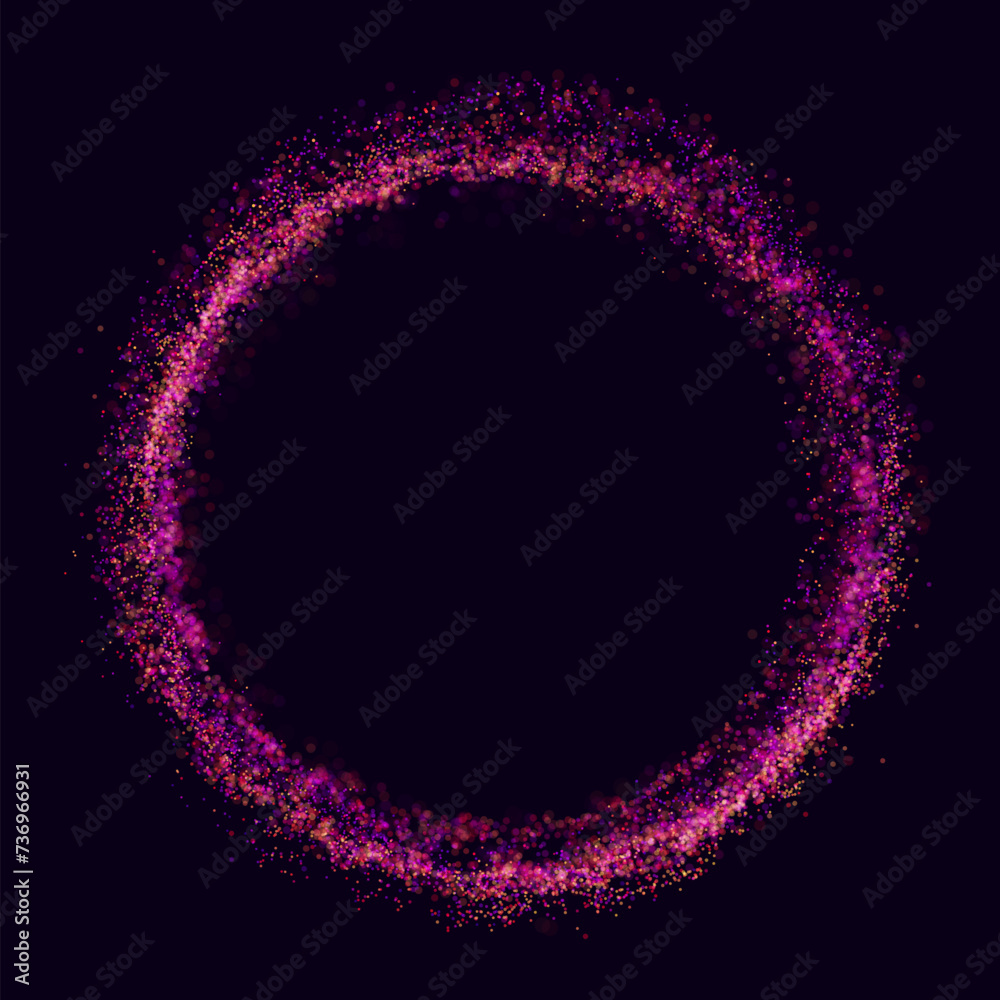 Poster Particles Circle Frame. Particles Array on Dark Background. Digital Explosion. Radial Sound Wave Music Visualization. Colorful Equalizer Background. Vector Illustration.