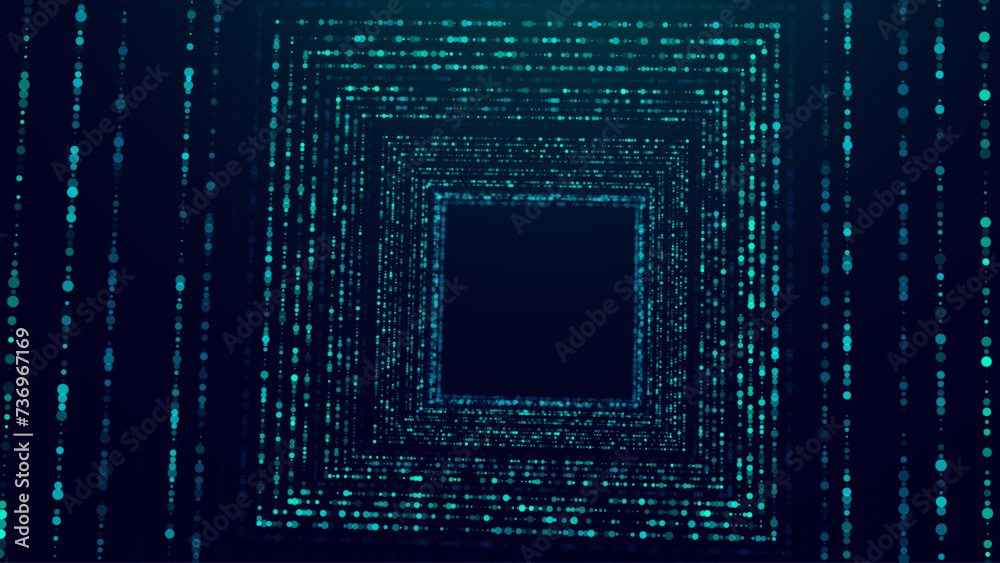 Poster Square Frame Border Blue Lights DJ Party Flyer Background. Rectangle Tunnel Big Data Backdrop. Abstract Blue Digital Background. Computer Digital Tunnel Technology Vector Illustration.