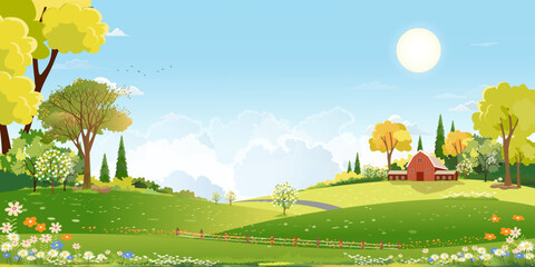 Spring field landscape with cloud and sky blue over forest trres,Vector cartoon scene rural nature park in sunny day summer,Beautiful farmland in countryside for Easter banner background - obrazy, fototapety, plakaty