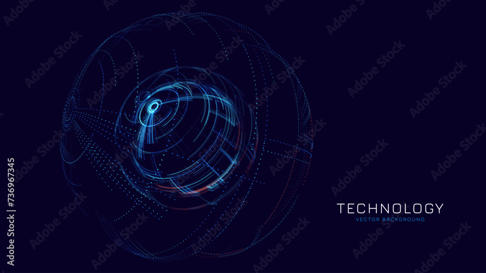 Poster Abstract Neon 3D Tech Sphere. Global Network Connections. Cyberpunk Globe Grid HUD Design Element. Futuristic Earth Hologram. Vector Technology Sci Fi Illustration.