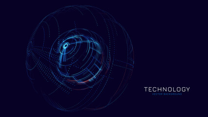 Abstract Neon 3D Tech Sphere. Global Network Connections. Cyberpunk Globe Grid HUD Design Element. Futuristic Earth Hologram. Vector Technology Sci Fi Illustration.