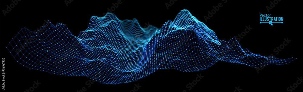 Poster Blue Wireframe Landscape Wire with Depth of Field Effect. 3D Topographic Map Background Concept. Geography Concept. Tech Wavy Backdrop. Space Game Surface HUD Design Element.