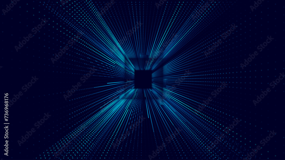 Poster Square Frame Border Blue Lights DJ Party Flyer Background. Rectangle Tunnel Big Data Backdrop. Abstract Blue Digital Background. Computer Digital Tunnel Technology Vector Illustration.