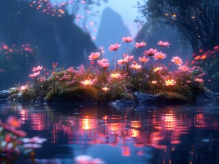 Cosmic garden floating islands astral flowers starry night backdrop