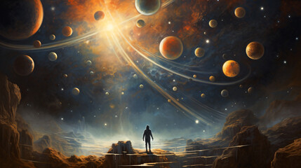 A painting of planets and a person.