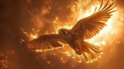 Falcon with solar flare feathers diving under a blazing sun Celestial hunter