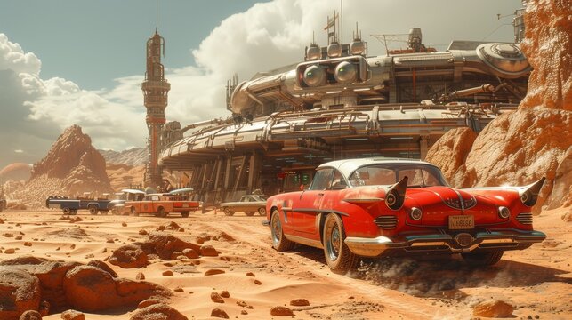 Retro futuristic diner on Mars vintage cars red planet landscape